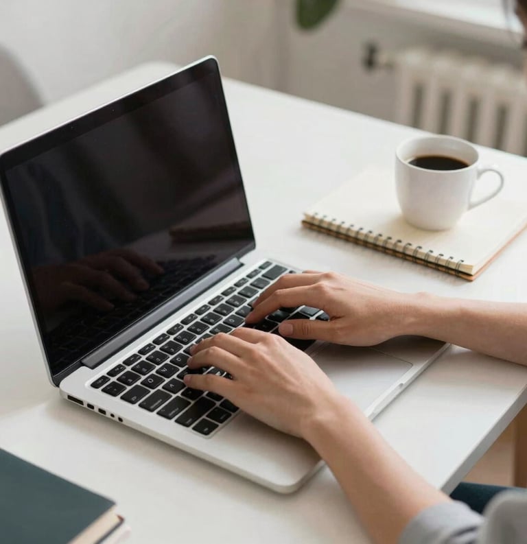 A high-quality photo of hands typing on a laptop on a clean white desk, next to a notebook and a cup of coffee, in a bright North American home office setting.