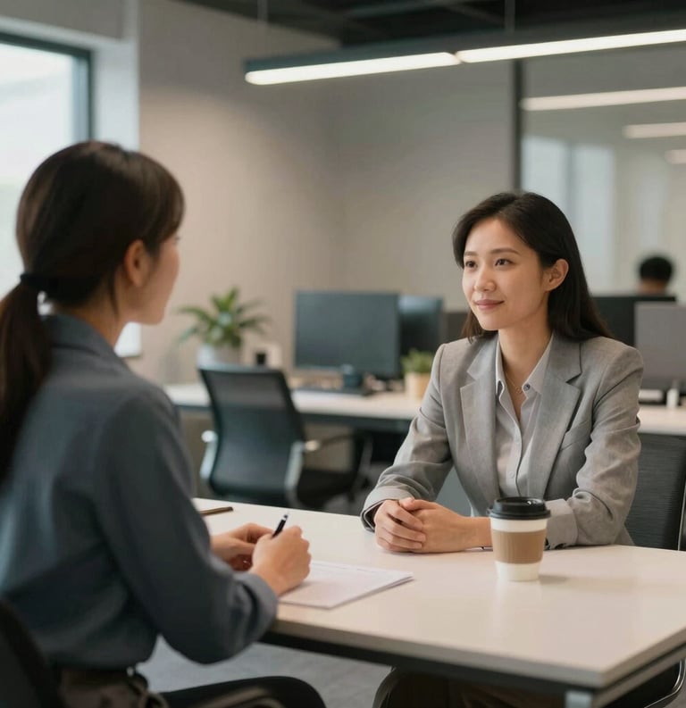 Two diverse professionals in a North American office setting engaged in a supportive mentoring conversation, sitting at a modern table with coffee, looking hopeful and focused, surrounded by soft lighting.