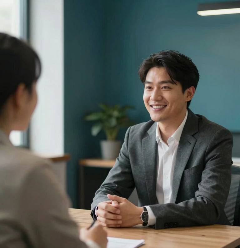 A professional candidate in North American business casual attire having a confident, smiling interaction during a meeting in a bright, modern office with dark teal accent walls.
