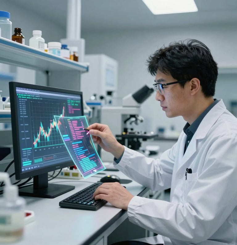 A researcher in a high-tech laboratory examining a holographic display of data, representing innovative progress. The setting is clean and sophisticated, North American / International style, with professional cool lighting in tones of navy and white.