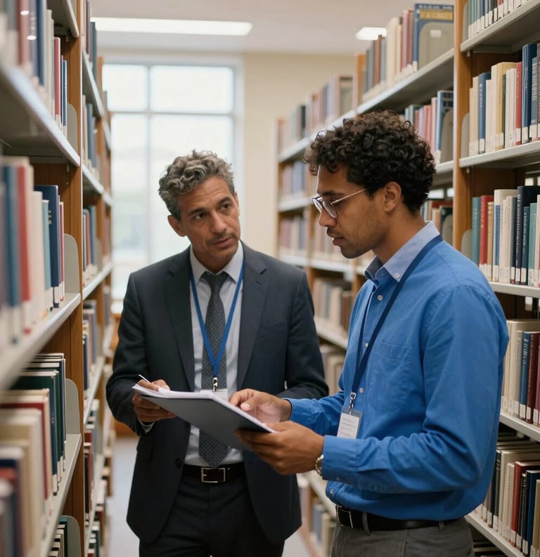 Two focused academics from different backgrounds discussing a project in a library with floor-to-ceiling bookshelves in a North American / International campus setting. Soft natural morning light, professional attire, with accents of bright blue.