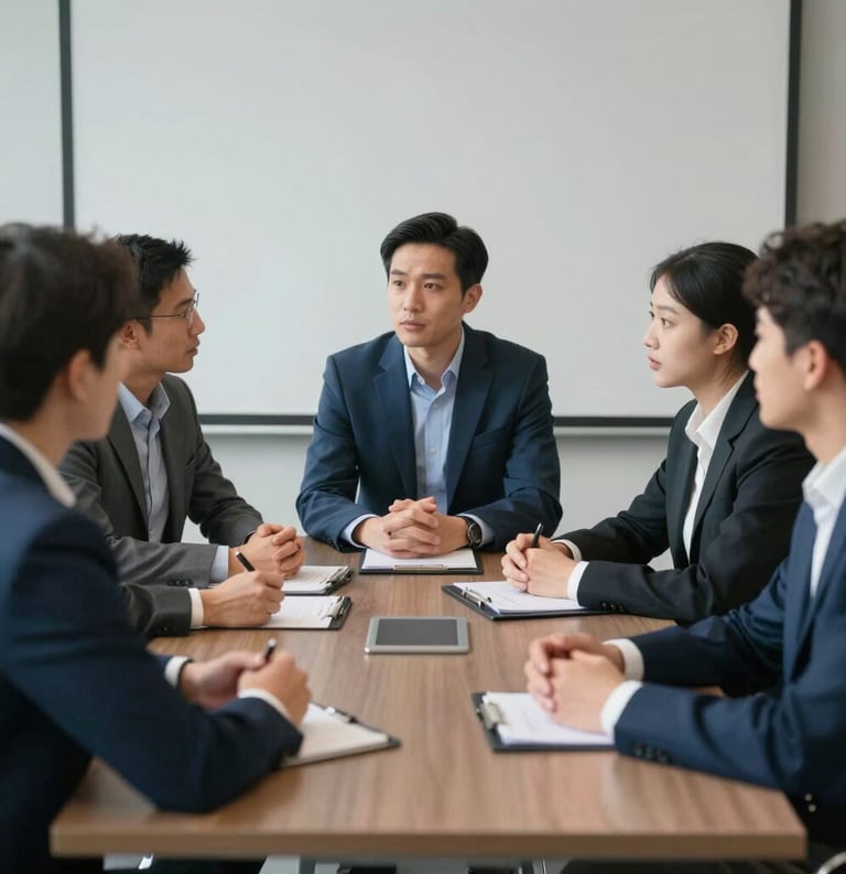A diverse group of young professionals engaged in a high-level seminar discussion around a conference table in a North American / International corporate setting. Inspiring atmosphere, professional attire, palette of deep blues and soft greys.