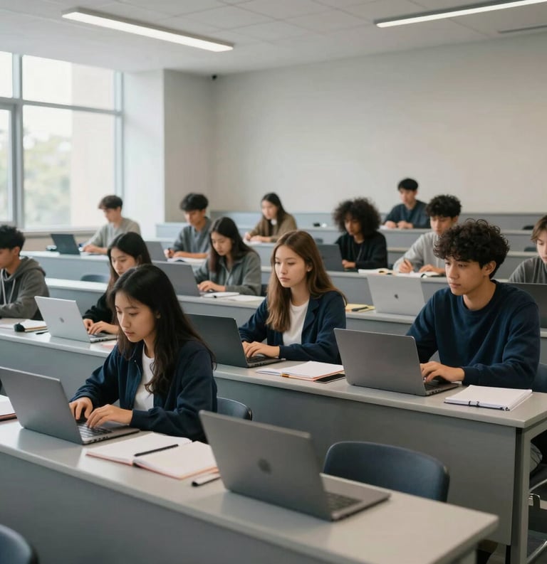 A crisp, professional wide shot of a modern, sunlit university lecture hall in a North American / International setting, featuring students engaged in learning with laptops and notebooks. The color palette includes deep navy and soft greys.