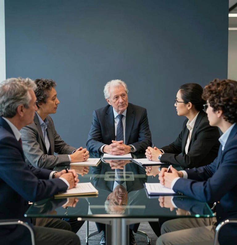 A group of diverse scholars sitting around a glass conference table in a modern boardroom. They are engaged in an active discussion, with dark blue and gray professional accents in the room.