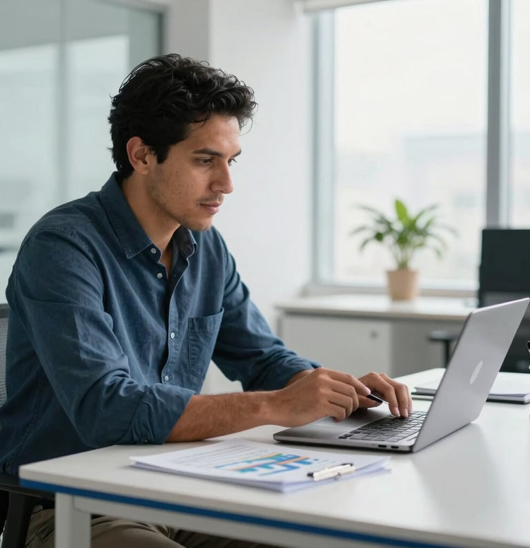 A professional Latin American entrepreneur sitting in a bright, modern office, reviewing business growth charts on a laptop. Daylight illuminates a clean desk with blue accents.