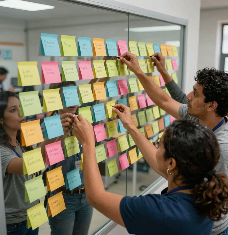 High-angle view of a workshop session where several people are placing colorful sticky notes on a glass wall, collaborative work in a Latin American center.