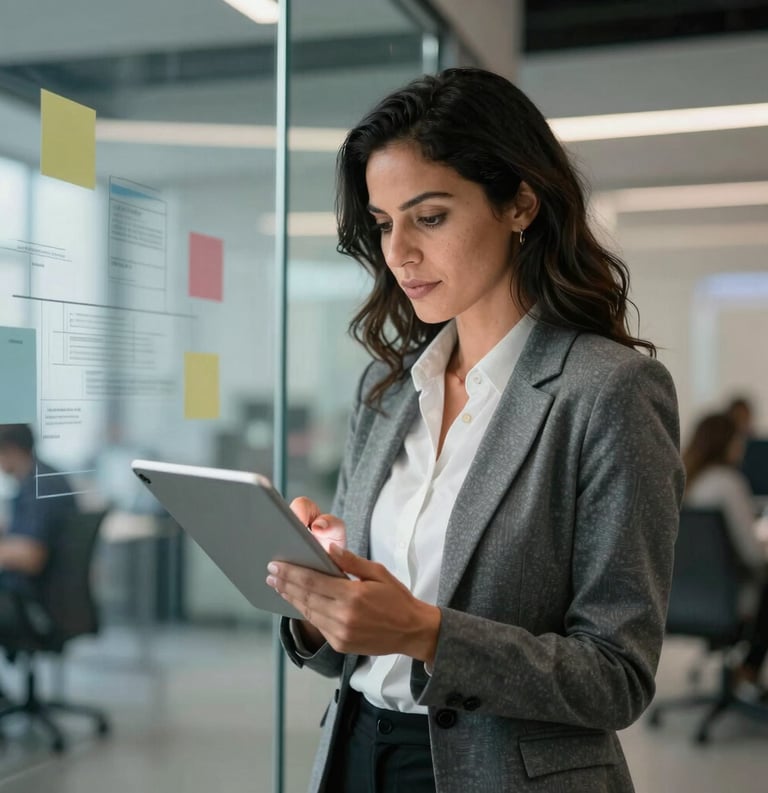 A dynamic Latin American businesswoman working with a digital tablet in a high-tech innovation hub. Transparent glass walls with business strategies in the background.