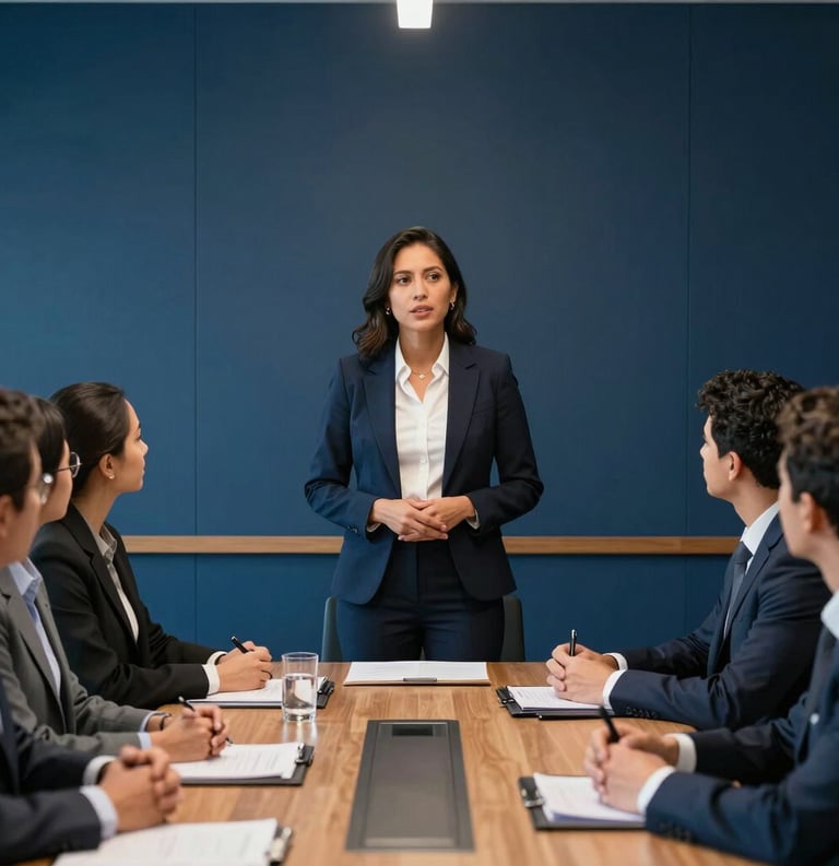 A confident Latin American business leader standing in a sleek corporate boardroom with dark blue walls, speaking to an attentive team. Sharp lighting, professional setting.