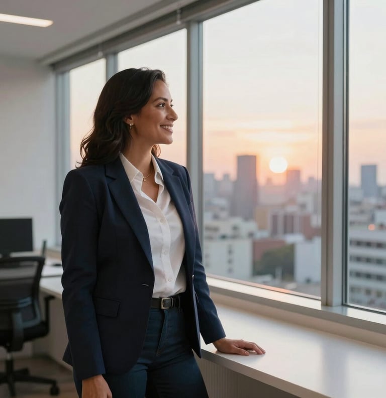 A smiling Latin American entrepreneur in professional casual attire, looking thoughtfully out of a wide window at a sunrise city skyline, in a clean, off-white workspace.