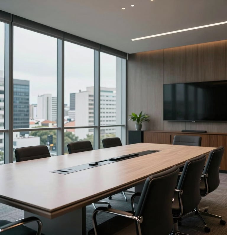 Modern executive boardroom in Santos, Brazil, with large glass windows showing a hint of the urban cityscape, a clean minimalist conference table, professional South American corporate setting.