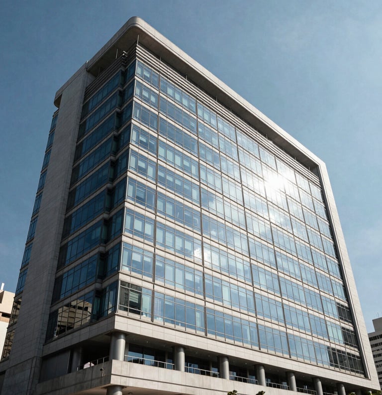 Wide-angle photography of a contemporary office building exterior in the Vila Nova district of Santos, Brazil, reflecting the blue sky, symbolizing stability and modernity.