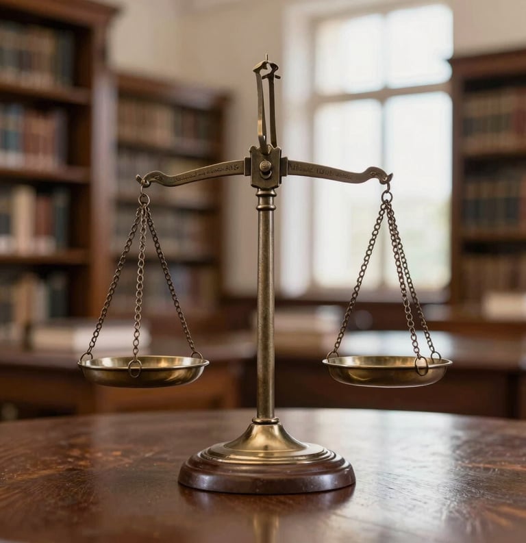 Detail of a scale of justice on a dark wood table with a blurry background of a South American / Brazilian law library, Soft White highlights.