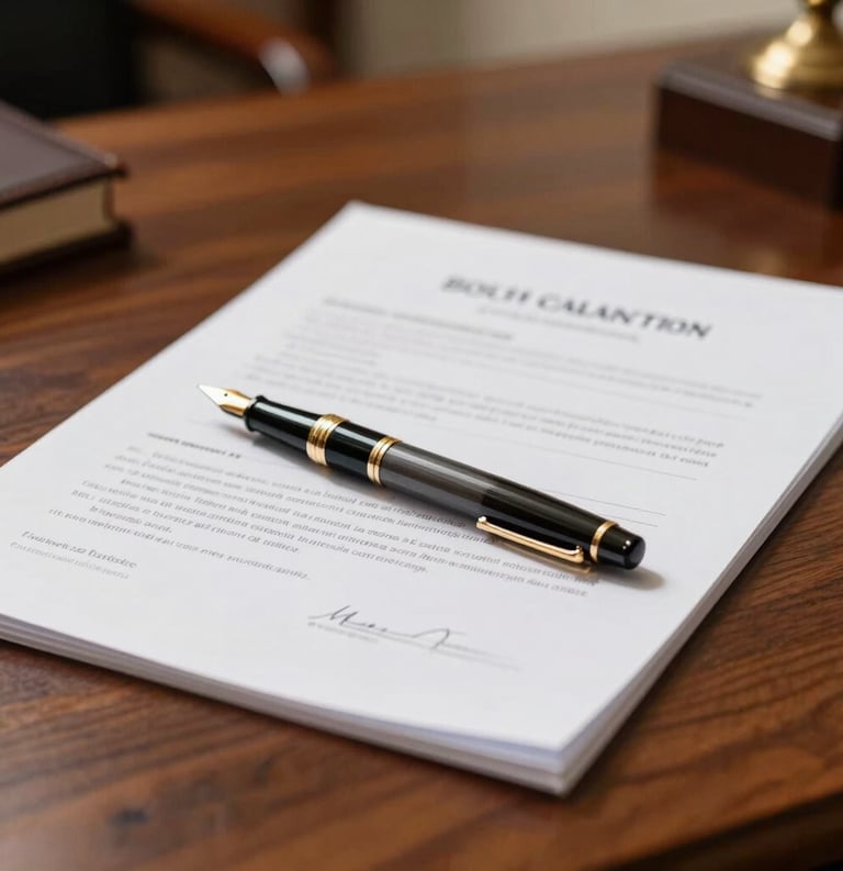 Close-up of legal documents and a luxury fountain pen on a polished mahogany desk in a South American law office, natural morning light, professional and serious atmosphere.