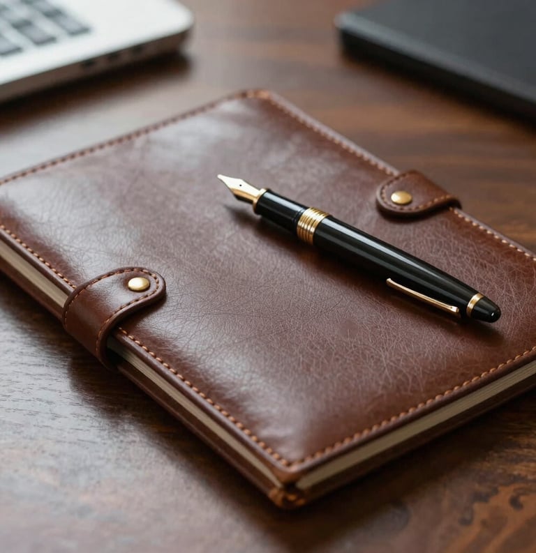 A professional close-up of a leather-bound legal folder and an elegant fountain pen resting on a dark timber desk. Soft natural light illuminates the scene in an Oceania Australian law office environment. The atmosphere is serious and authoritative.
