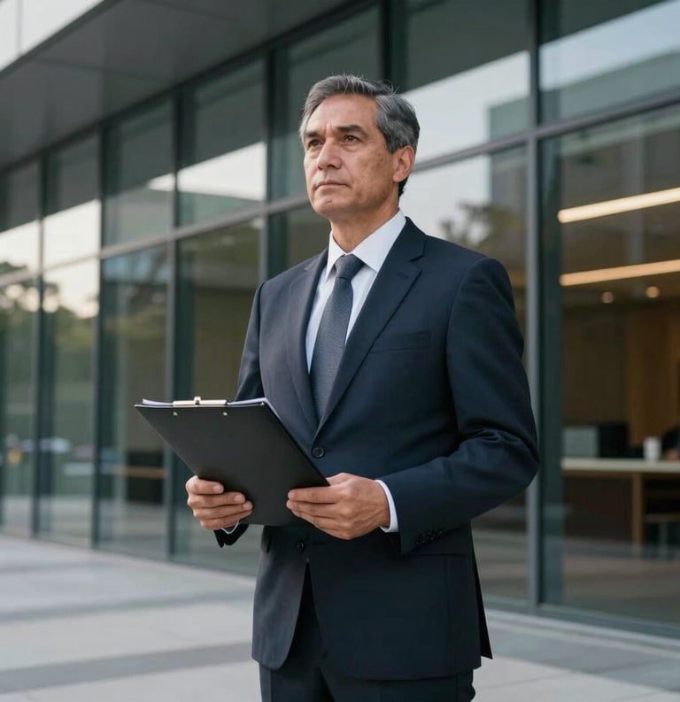 A sophisticated Oceania / Australian professional standing in front of a modern glass facade, holding a legal folder, embodying authority and readiness for trial.