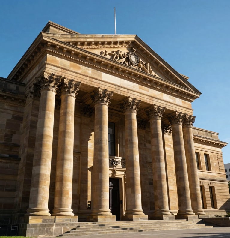 The grand sandstone pillars and facade of an Australian courthouse under a brilliant blue sky. This Oceania architectural shot emphasizes stability, tradition, and the strength of the legal system with crisp, professional lighting.
