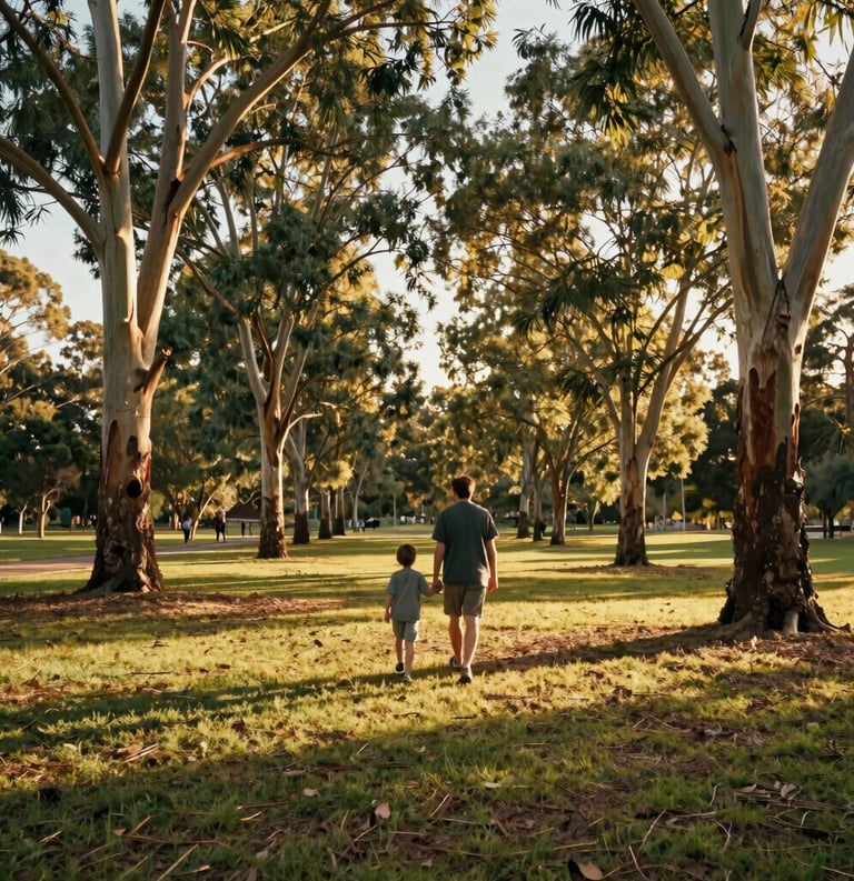 A cinematic, wide-angle shot of a parent and child walking hand-in-hand through a sun-drenched Australian park with eucalyptus trees. The lighting is warm and golden, reflecting the Oceania region, conveying hope and a positive future.