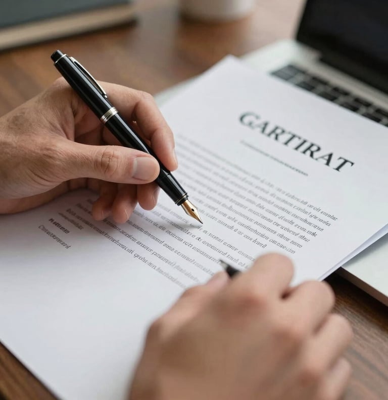 A professional photograph of hands holding a fountain pen over a grant proposal document in a North American / US office setting.