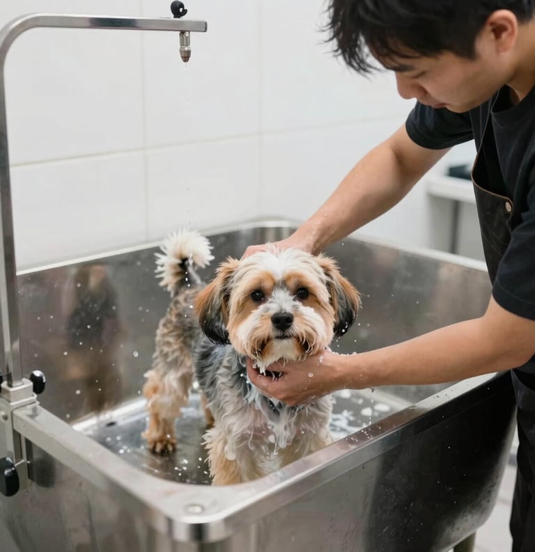 High-quality shot of a professional North American groomer washing a small dog in a stainless steel tub at a bright, high-end North American pet spa.