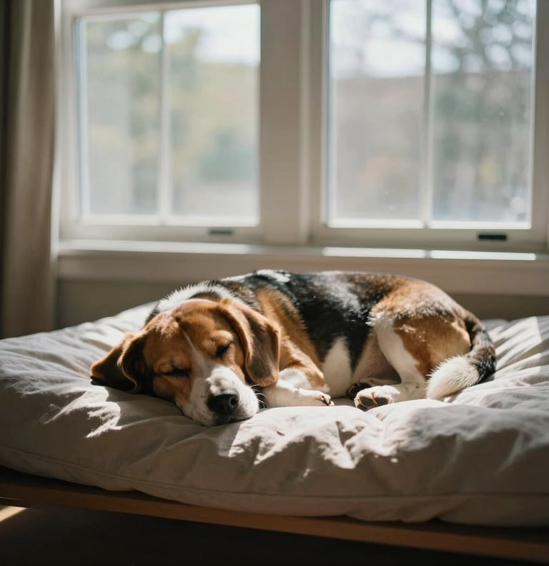 Photography of a comfortable pet boarding room with a large window, featuring a soft bed where a Beagle is napping peacefully in the afternoon North American sun.