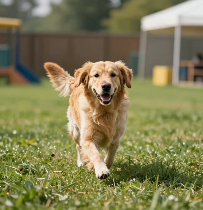 A happy Golden Retriever running through a lush green outdoor play area at a professional North American pet boarding facility during a sunny day.