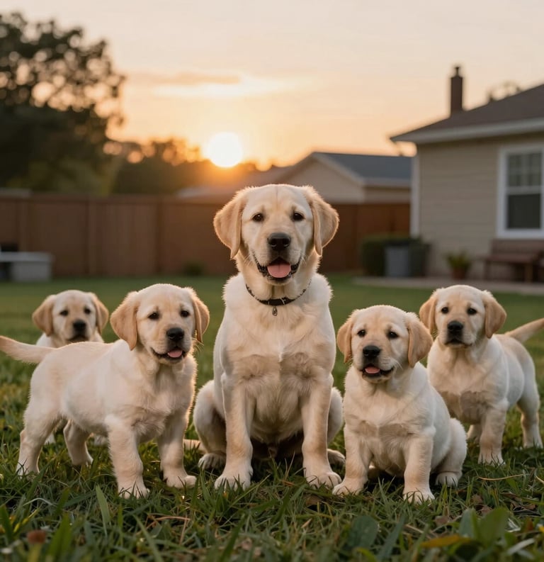 A warm scene in a North American backyard where a breeder is sitting on the grass surrounded by five playful yellow Labrador puppies during sunset.