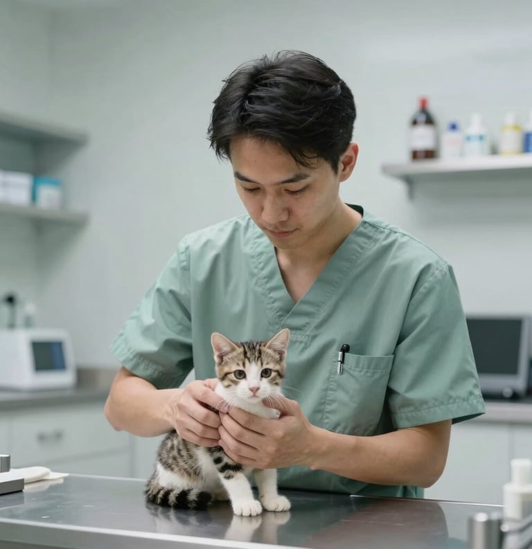 A professional photography of a veterinarian in soft sage green scrubs gently holding a small kitten during an exam in a clean, modern North American clinic.