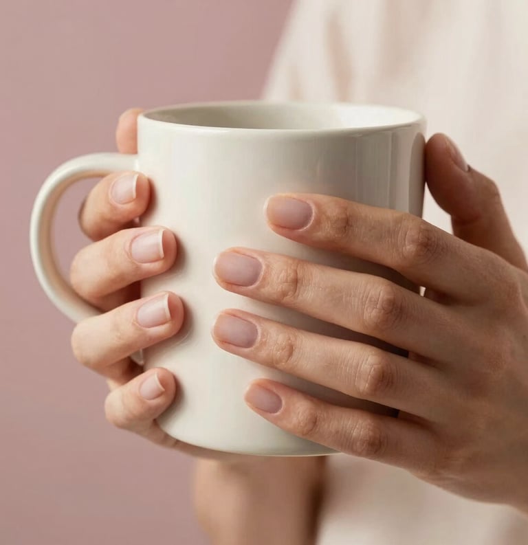 A serene, close-up photograph of clean, neatly manicured natural nails on a hand holding a soft ceramic mug. Light, airy, minimalist aesthetic. Set in a warm ivory and soft rose pink room in the US. Gentle, diffused sunlight highlighting healthy cuticles and natural skin texture.