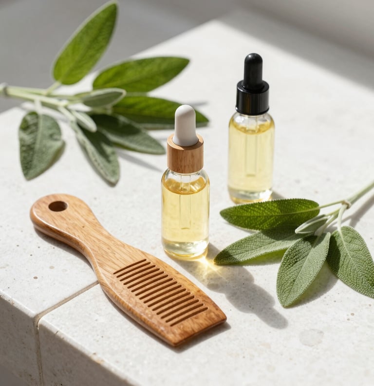 Serene still life photography of organic cold-pressed beauty oils, a natural wooden comb, and fresh green sage leaves arranged on a white stone tile under bright sunlight.