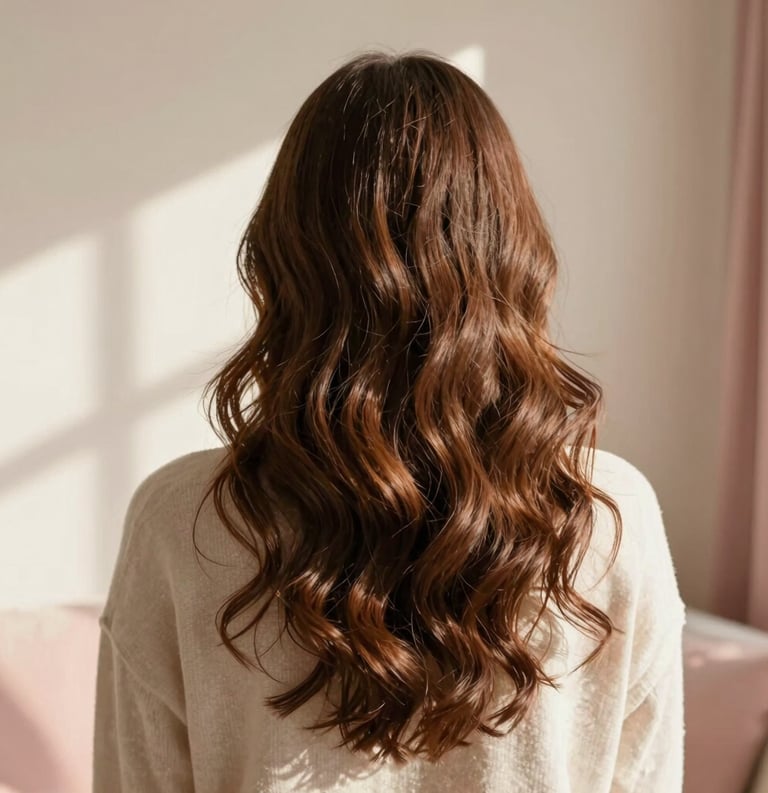 A minimalist lifestyle photograph of a woman with healthy, shiny, wavy brown hair, captured from behind in a bright, sunlit room in a North American home. Warm ivory and soft rose pink tones in the background. Natural morning light, soft shadows, cozy self-care aesthetic.