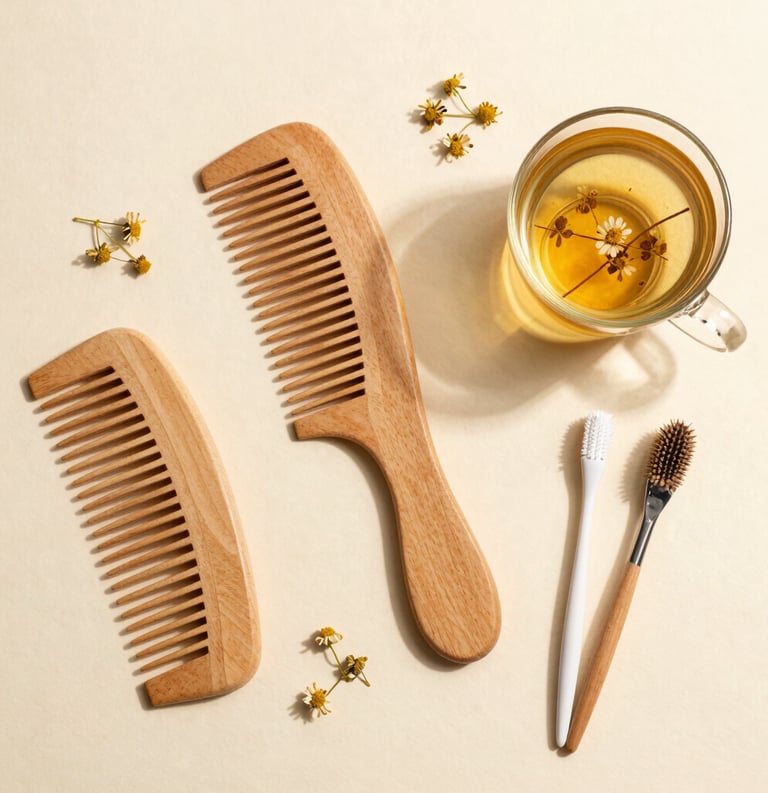 A high-angle flat lay photography of botanical ingredients, beauty tools like a wooden comb, clean manicure tools, and chamomile tea on a warm ivory surface. Minimalist and cozy styling, natural soft shadows, warm inviting light.