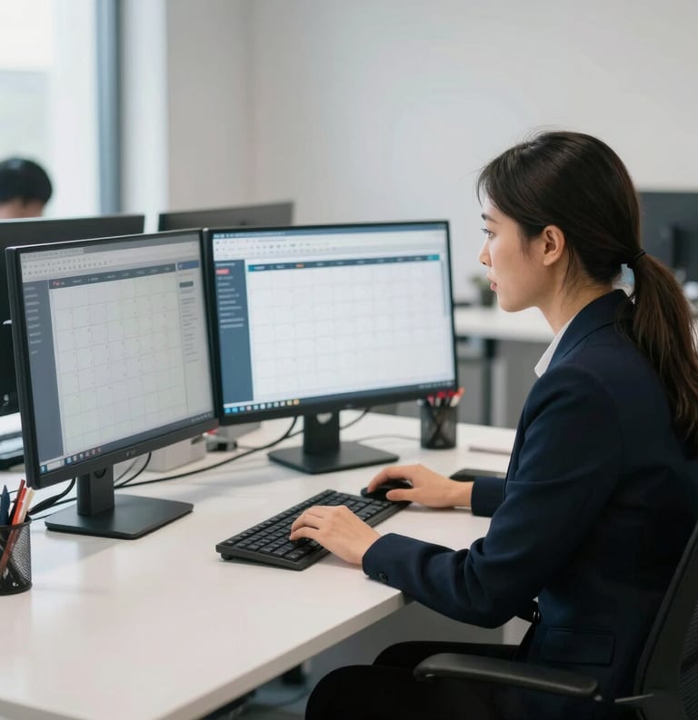 A professional photograph of a focused administrative assistant working at a clean, white modern desk in a North American corporate office. They are looking at a dual-monitor setup showing a calendar application. The room is filled with soft natural light and the atmosphere is efficient.