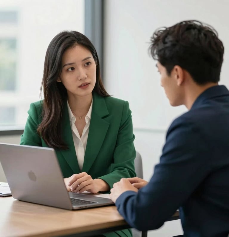 A supportive recruitment specialist sitting across from a job candidate in a light-filled North American office. They are both looking at a laptop screen together, illustrating a career counseling session. The mood is professional and encouraging, featuring green and navy accents.
