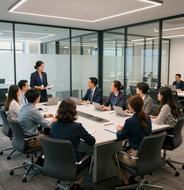A wide-angle professional photograph of a diverse team of support staff collaborating in a glass-walled conference room. The setting is a contemporary North American corporate headquarters with sleek furniture. The lighting is bright and even, conveying a sense of teamwork and trust.