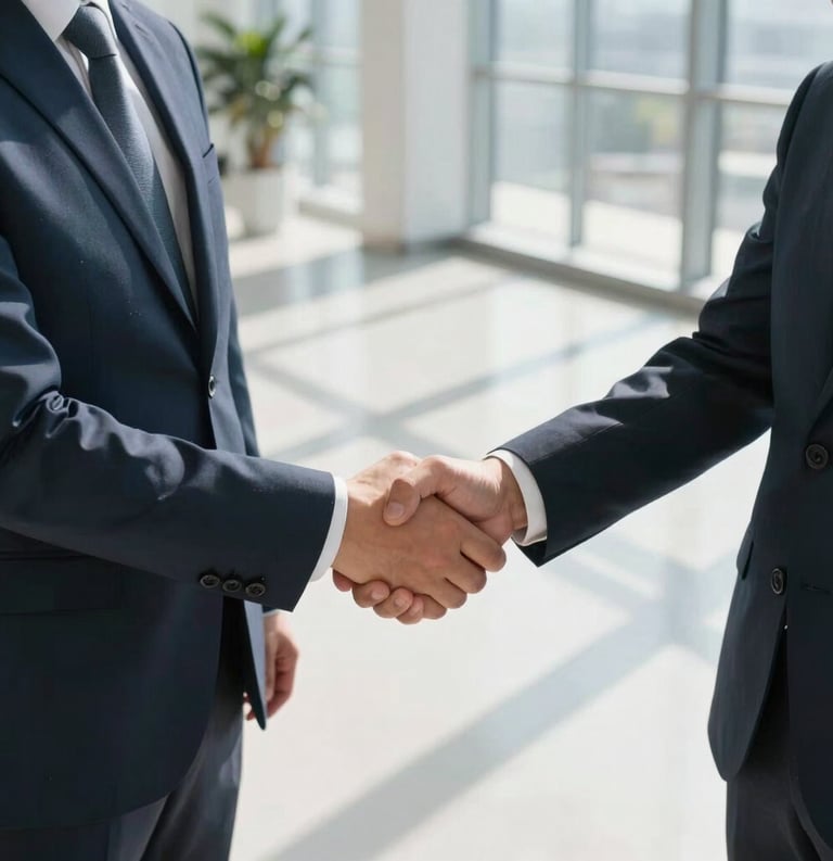 A high-angle professional photograph of a firm handshake between two people in business casual attire. The background is a bright, modern North American office lobby with large windows. The lighting is crisp morning light, and the color palette includes deep navy and cool gray tones.