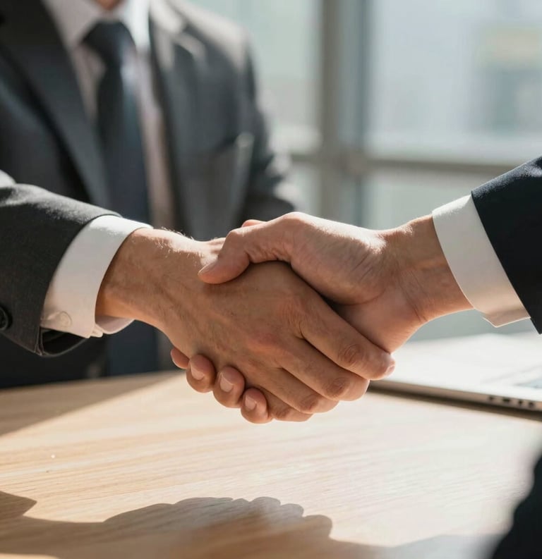 Close-up photography of a firm handshake between two professionals in a North American business setting, sunlight hitting the table, professional and trustworthy mood.
