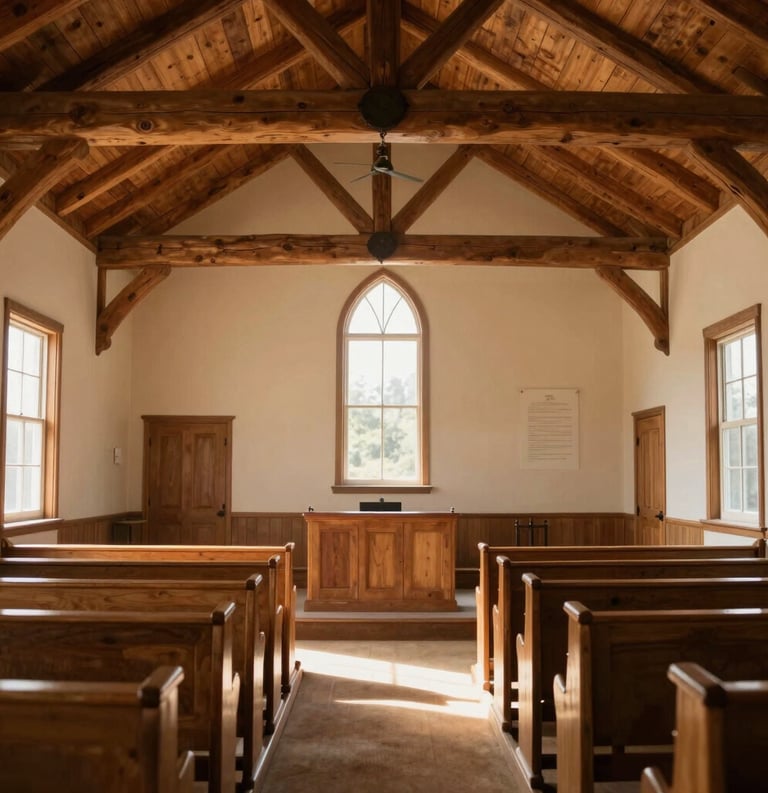A peaceful interior of a North American community chapel with warm wood beams and cream-colored walls, soft morning light streaming through windows, creating a serene and inviting atmosphere for spiritual reflection.