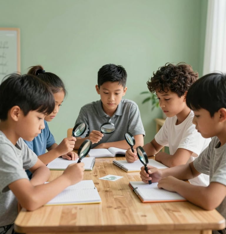 A group of North American school-aged children sitting around a wooden table in a bright, sunlit room with sage green walls, collaborating on a science project with magnifying glasses and notebooks, professional photography style.