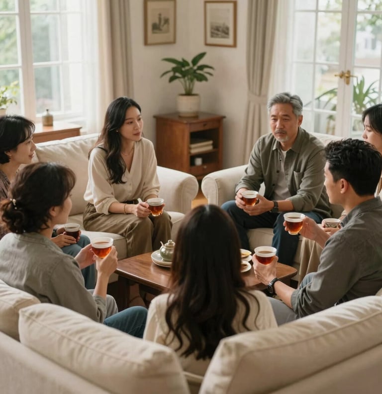 A cozy North American living room where a group of parents are sitting in a circle on cream-colored sofas, drinking tea and talking deeply, warm and professional community setting with a spiritual and supportive mood.