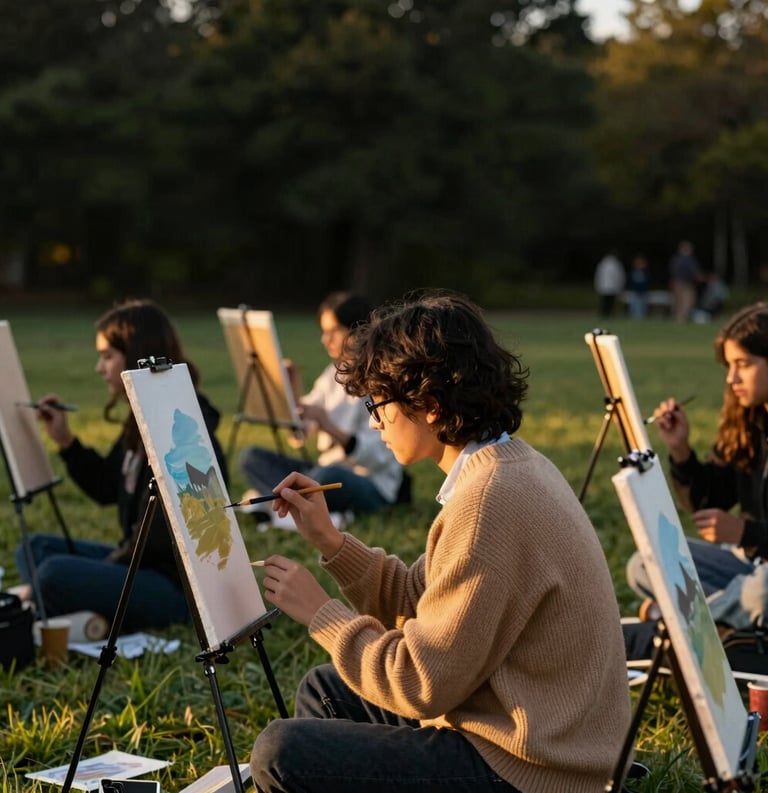 An outdoor North American meadow where students are painting on easels during a golden hour sunset, soft lighting, focus on a student in a tan sweater, academic and artistic atmosphere with dark green foliage in the background.