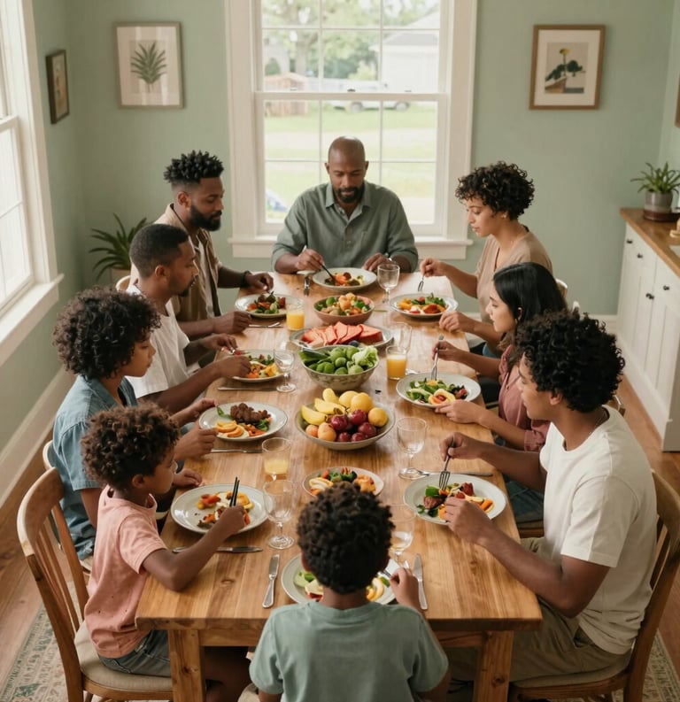 A high-angle shot of a diverse group of North American / US families sharing a meal at a long wooden table in a sun-drenched Cream and Sage Green room.