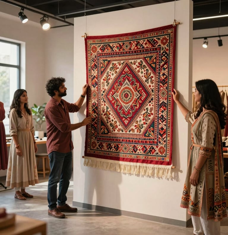 A wide-angle professional photograph of a South Asian / Indian artisan proudly presenting a large, intricately embroidered wall hanging to two global designers in a bright, modern studio. The scene is lit with warm, professional lighting emphasizing the rich textures and community atmosphere.