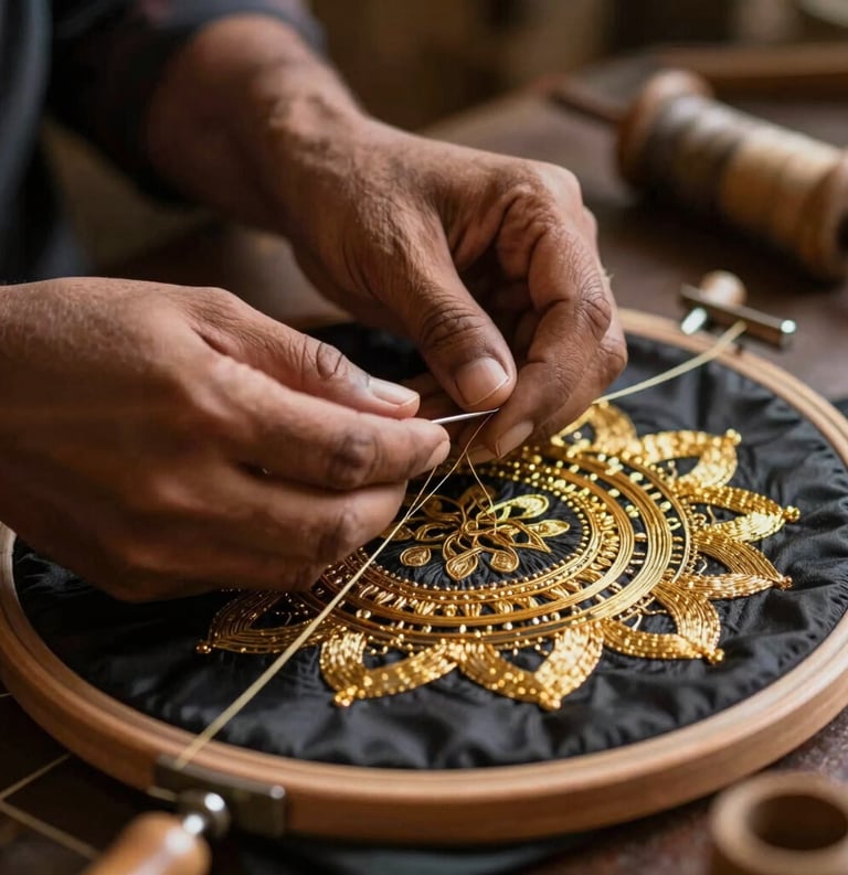 A close-up photograph of a South Asian / Indian artisan's hands carefully threading a needle with gold metallic zari thread over a dark silk fabric stretched on a traditional wooden hoop. Warm, focused lighting highlighting the intricate embroidery texture and natural wooden tools.