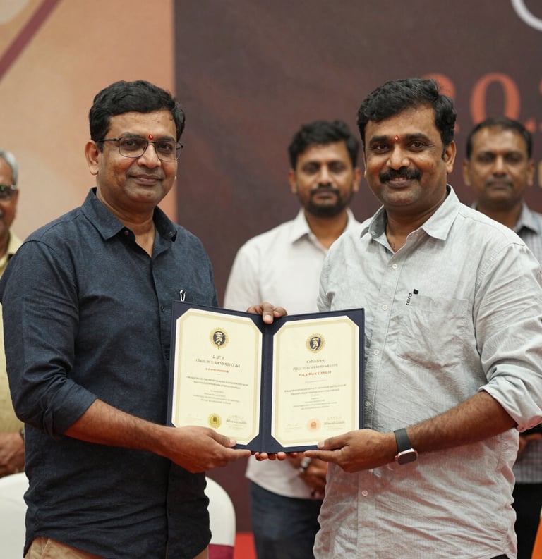 Artisans receiving physical certificates at an event, South Asian / Indian context, warm lighting, celebratory and professional atmosphere.