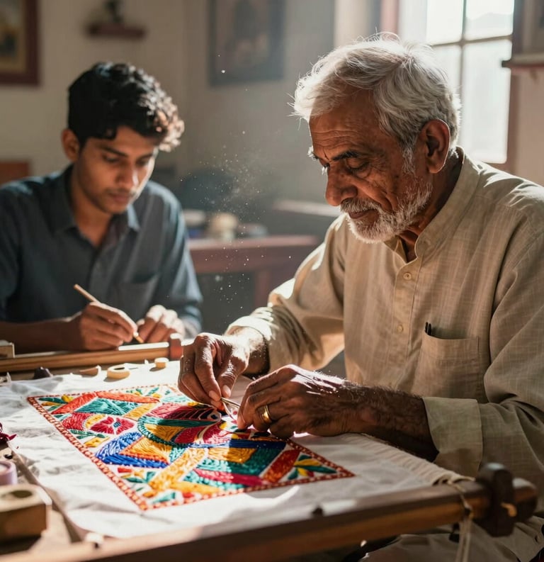 A candid, warm photography shot of a senior South Asian / Indian artisan teaching a young apprentice the art of Aari embroidery in a traditional sunlit workshop. Soft natural light, dust motes dancing in the air, and vibrant fabric colors create an atmosphere of heritage and transmission.