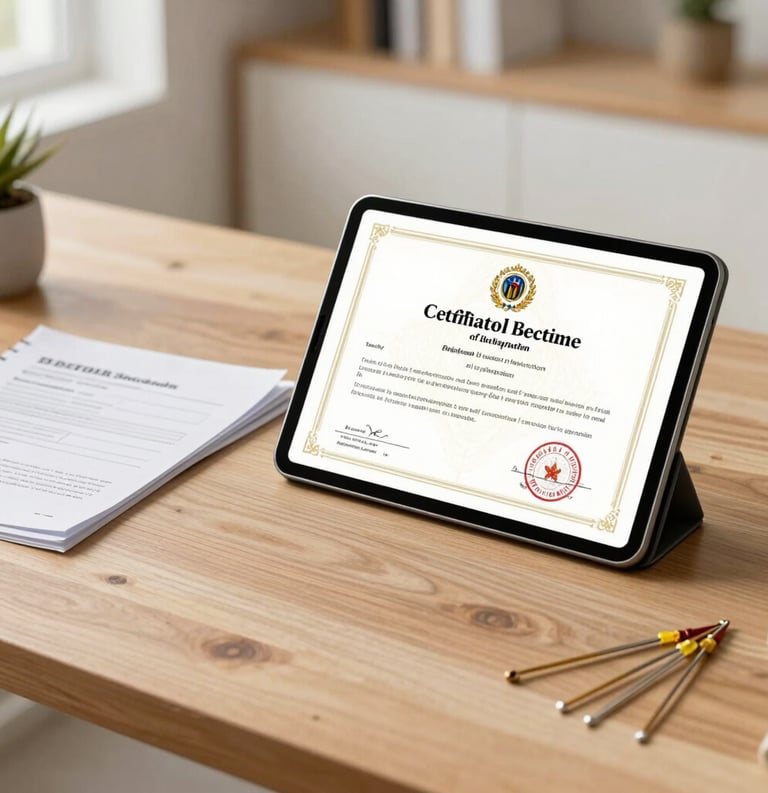 A South Asian / Indian professional desk setting featuring a digital tablet showing a certificate of registration, alongside official documents and a set of intricate embroidery needles. The background is a clean, bright home office with warm wooden tones and soft daylight.