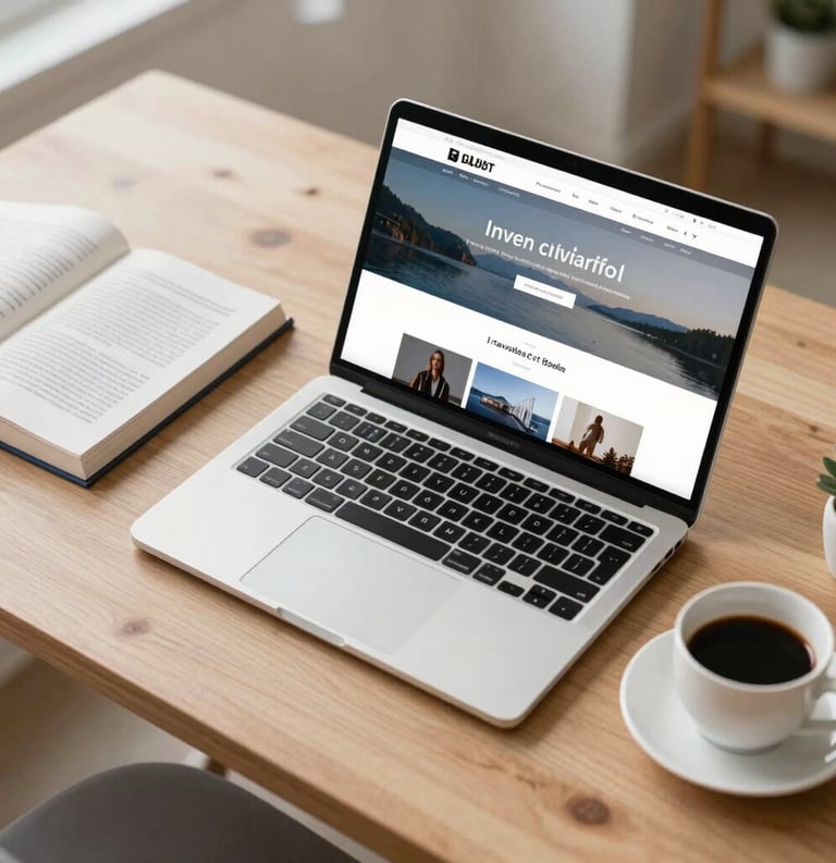 A top-down professional photography shot of a sleek laptop on a light wood desk in a bright North American home office, showing a clean minimalist website design next to a published hardcover book and a cup of coffee.