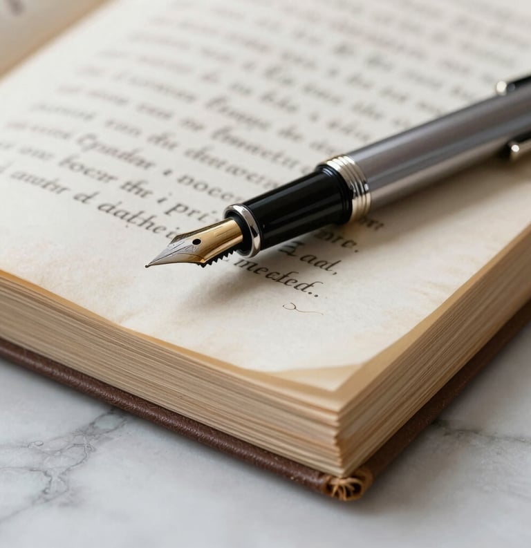 Detailed macro photography of a stack of manuscript pages with a classic fountain pen resting on top, set on a light gray marble surface in a sophisticated North American studio environment.
