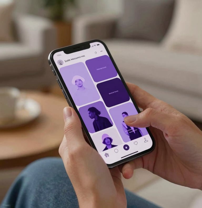 Close-up photography of a person's hands in a cozy North American living room holding a modern smartphone, displaying a beautifully curated social media profile with soft lavender and deep purple tones.