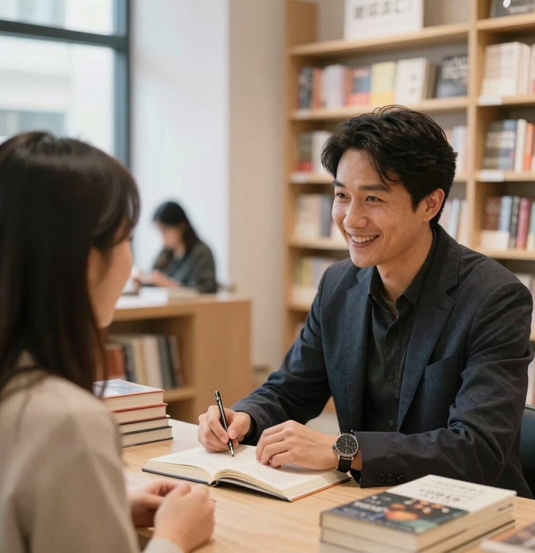 An lifestyle photography shot in a bright North American boutique bookstore, where a professional author is warmly engaging with a reader during a book signing event, soft natural lighting.